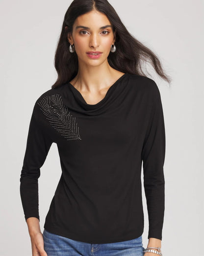 Chico's Premium - Embellished Cowlneck Dolman Tee Black