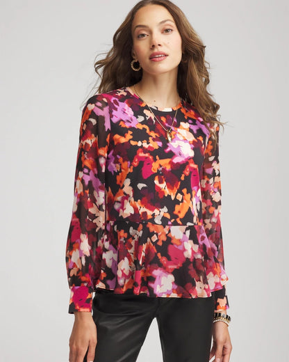 Chico's Premium - Printed Chiffon Peplum Top Black