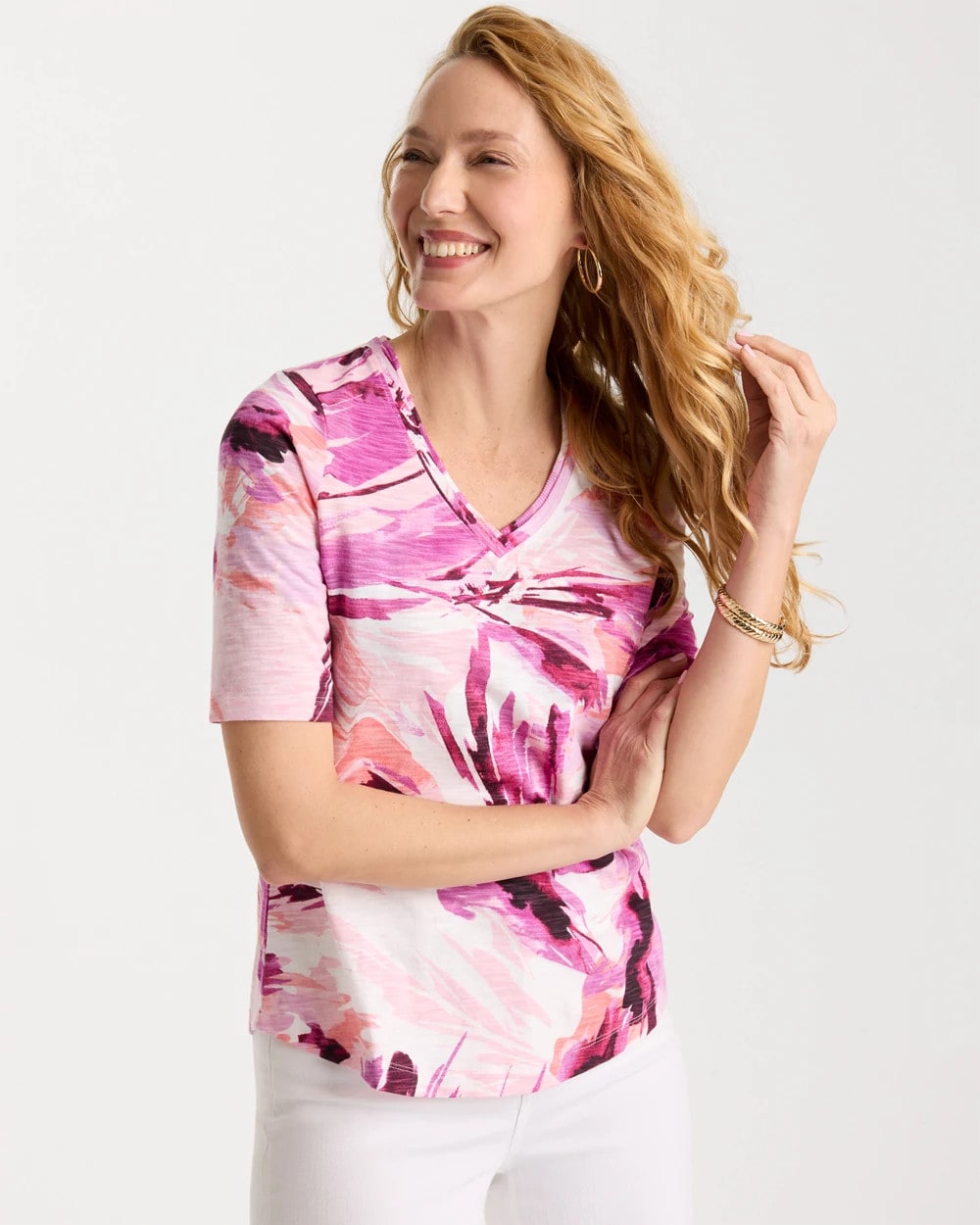 Chico's Quality - Printed Double V-Neck Slub Rib Tee Ecru