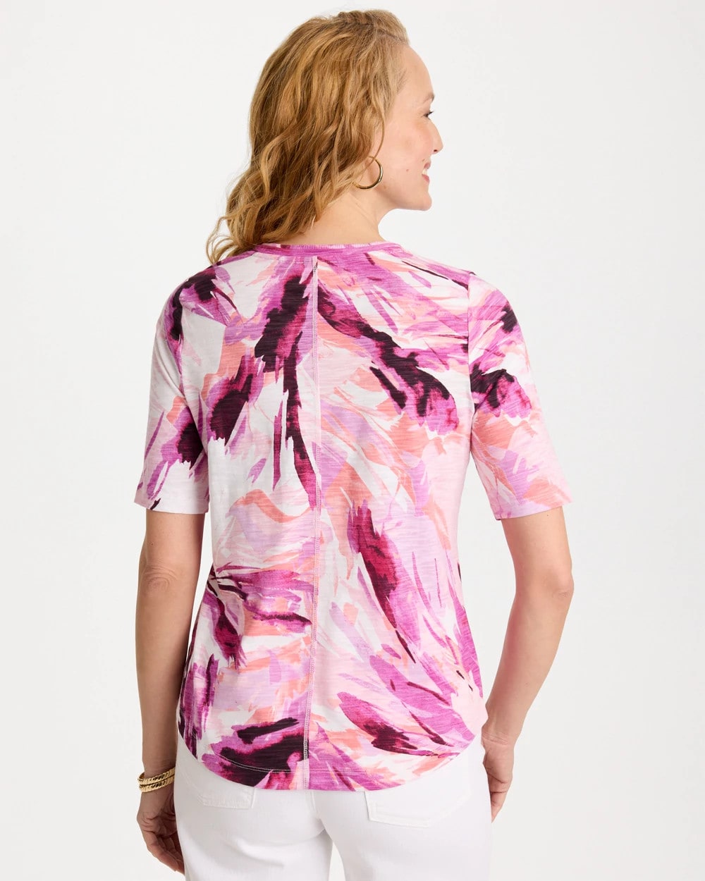 Chico's Quality - Printed Double V-Neck Slub Rib Tee Ecru