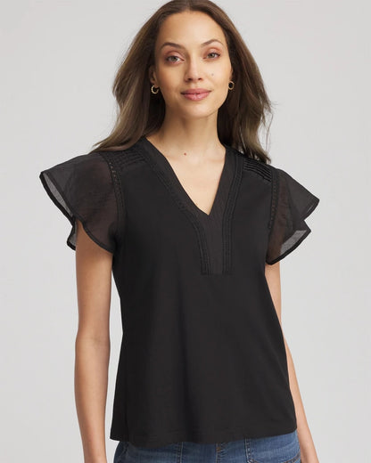 Chico's Hot Sale - Pleated-Trim Flutter-Sleeve Tee Black