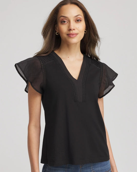 Chico's Hot Sale - Pleated-Trim Flutter-Sleeve Tee Black