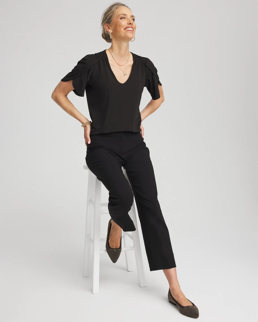 Chico's Everyday - Petal-Sleeve Voop Neck Tee Black