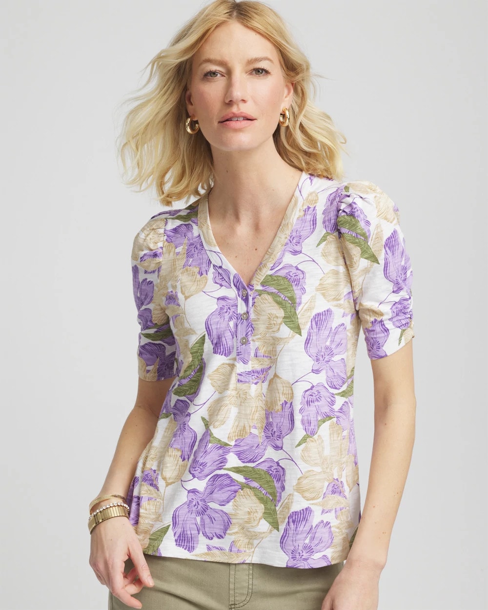 Chico's New - Floral Slub Henley Tee Alabaster