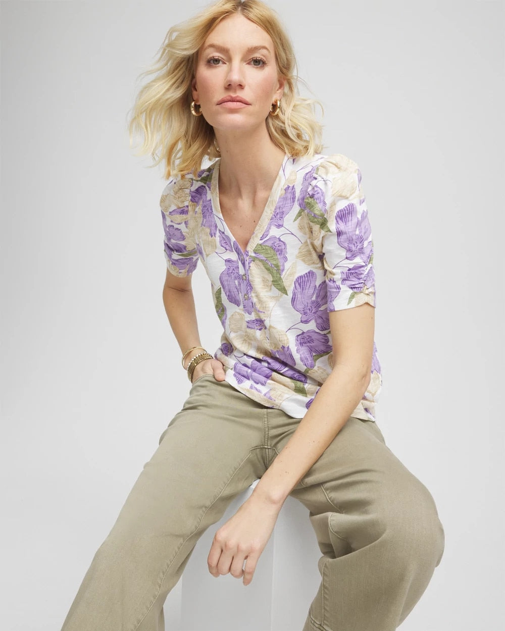 Chico's New - Floral Slub Henley Tee Alabaster