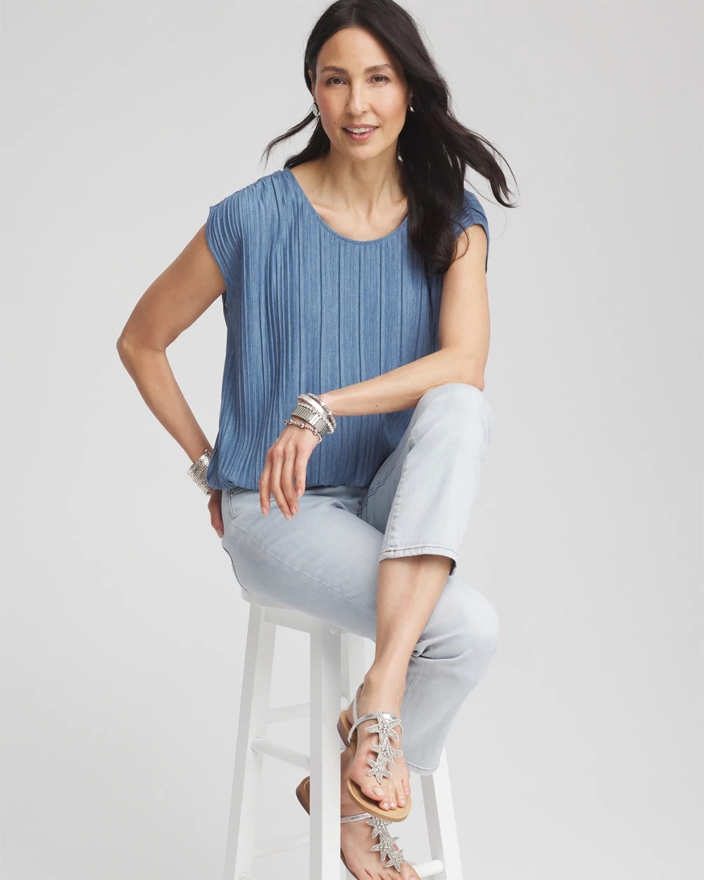 Chico's Value - Melange Pleated Bubble-Hem Top Indigo
