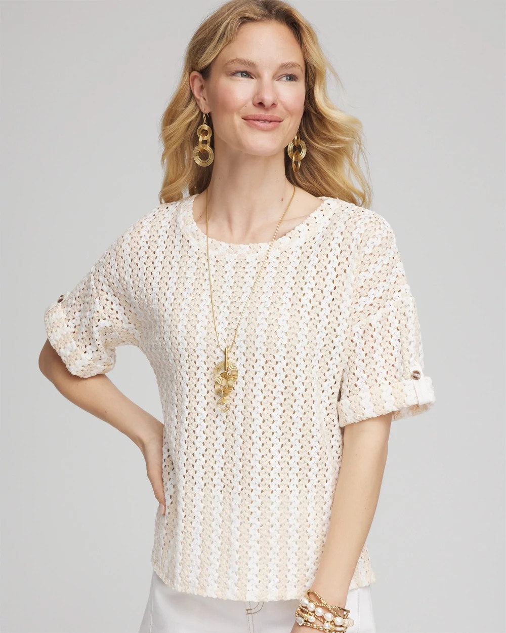 Chico's Essential - Textured Roll Cuff Tee Glistening Sand