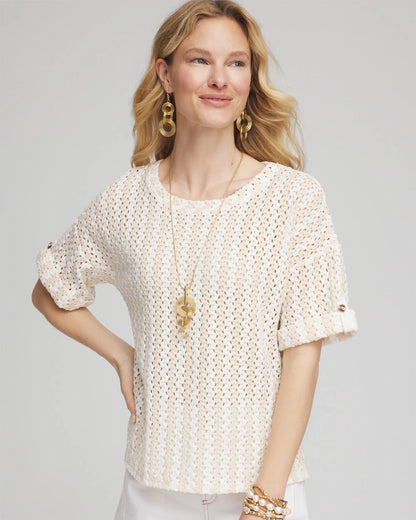 Chico's Essential - Textured Roll Cuff Tee Glistening Sand