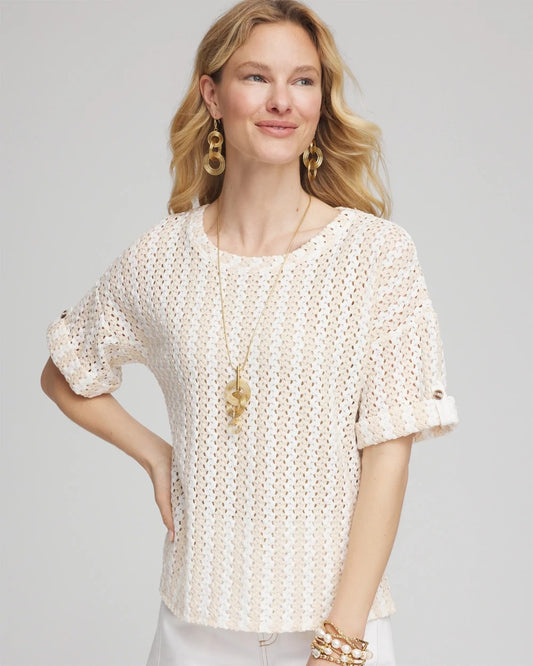 Chico's Essential - Textured Roll Cuff Tee Glistening Sand