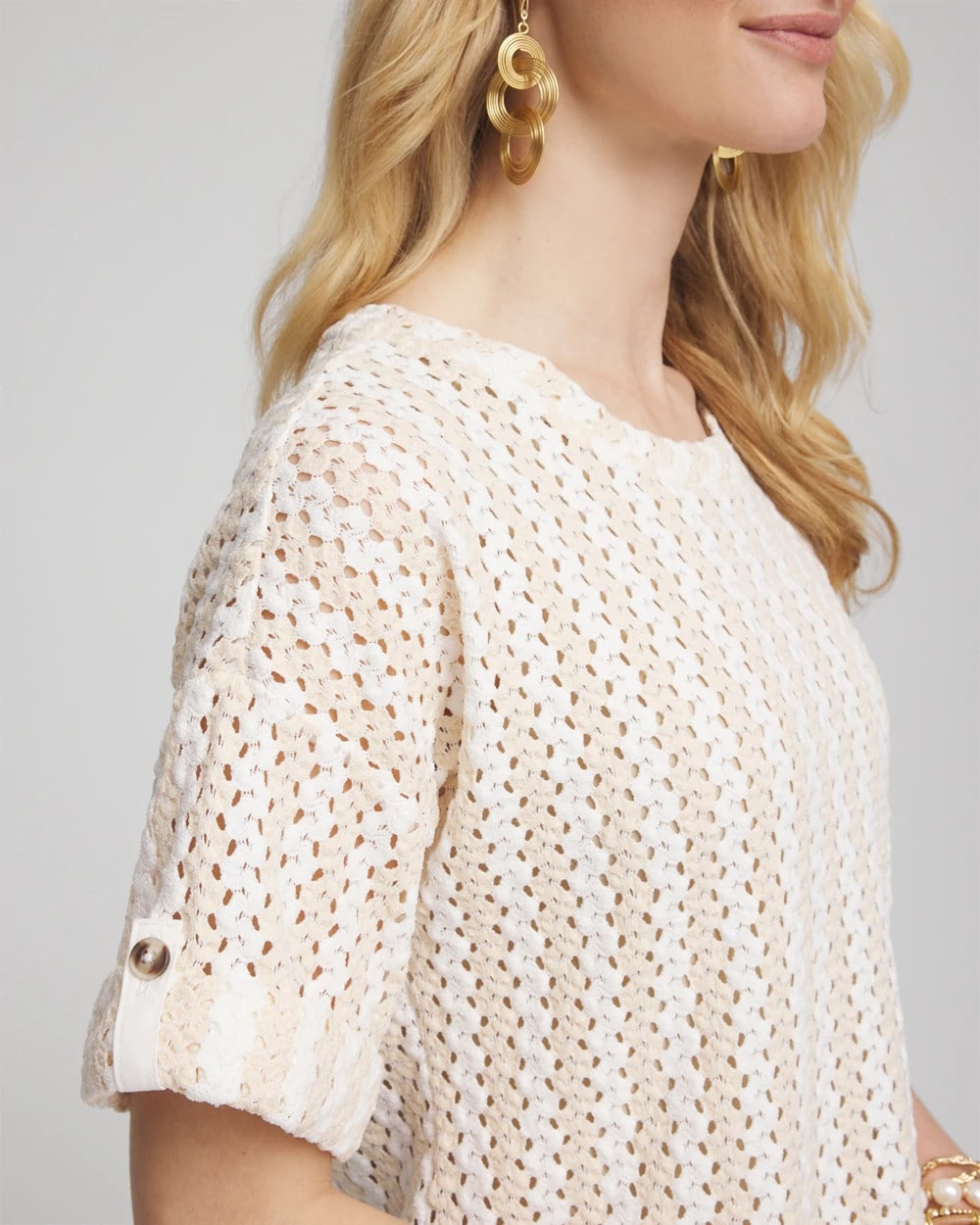 Chico's Essential - Textured Roll Cuff Tee Glistening Sand