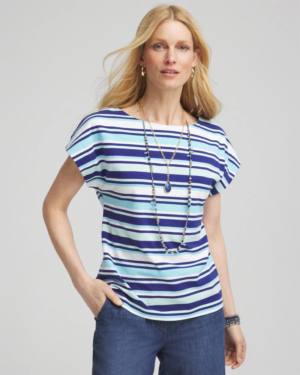 Chico's Hot Sale - Stripe Modern Cap Sleeve Tee Paradiso Blue
