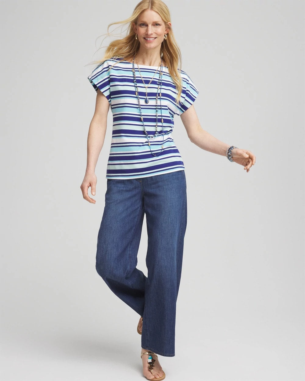 Chico's Hot Sale - Stripe Modern Cap Sleeve Tee Paradiso Blue