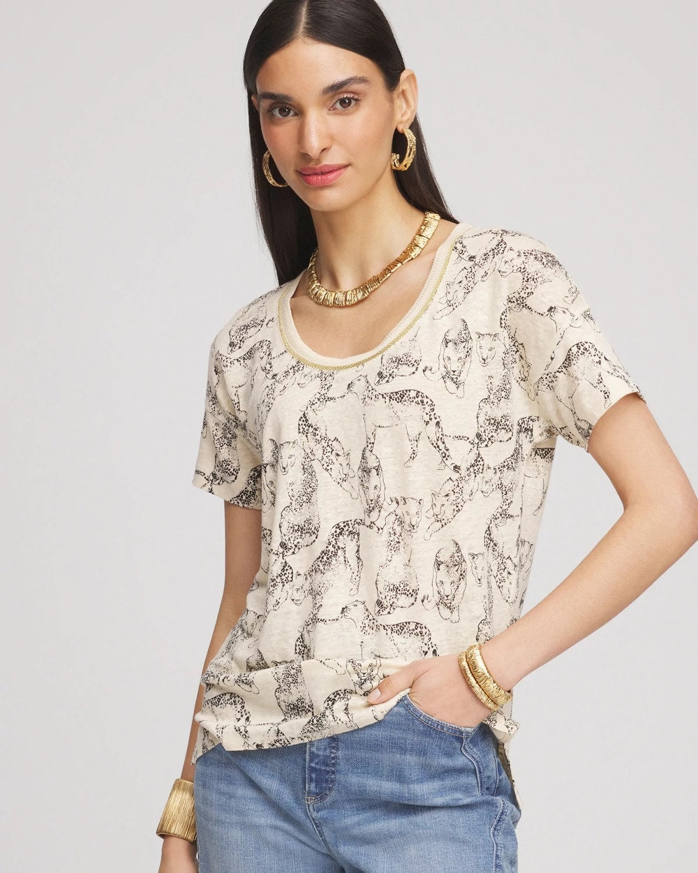 Chico's Essential - Panther Sweater-Trim Linen Tee Glistening Sand