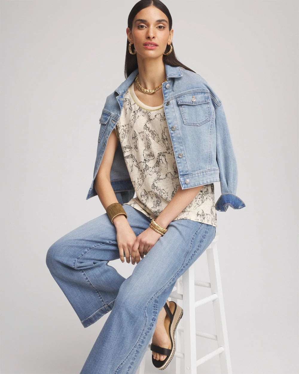 Chico's Essential - Panther Sweater-Trim Linen Tee Glistening Sand