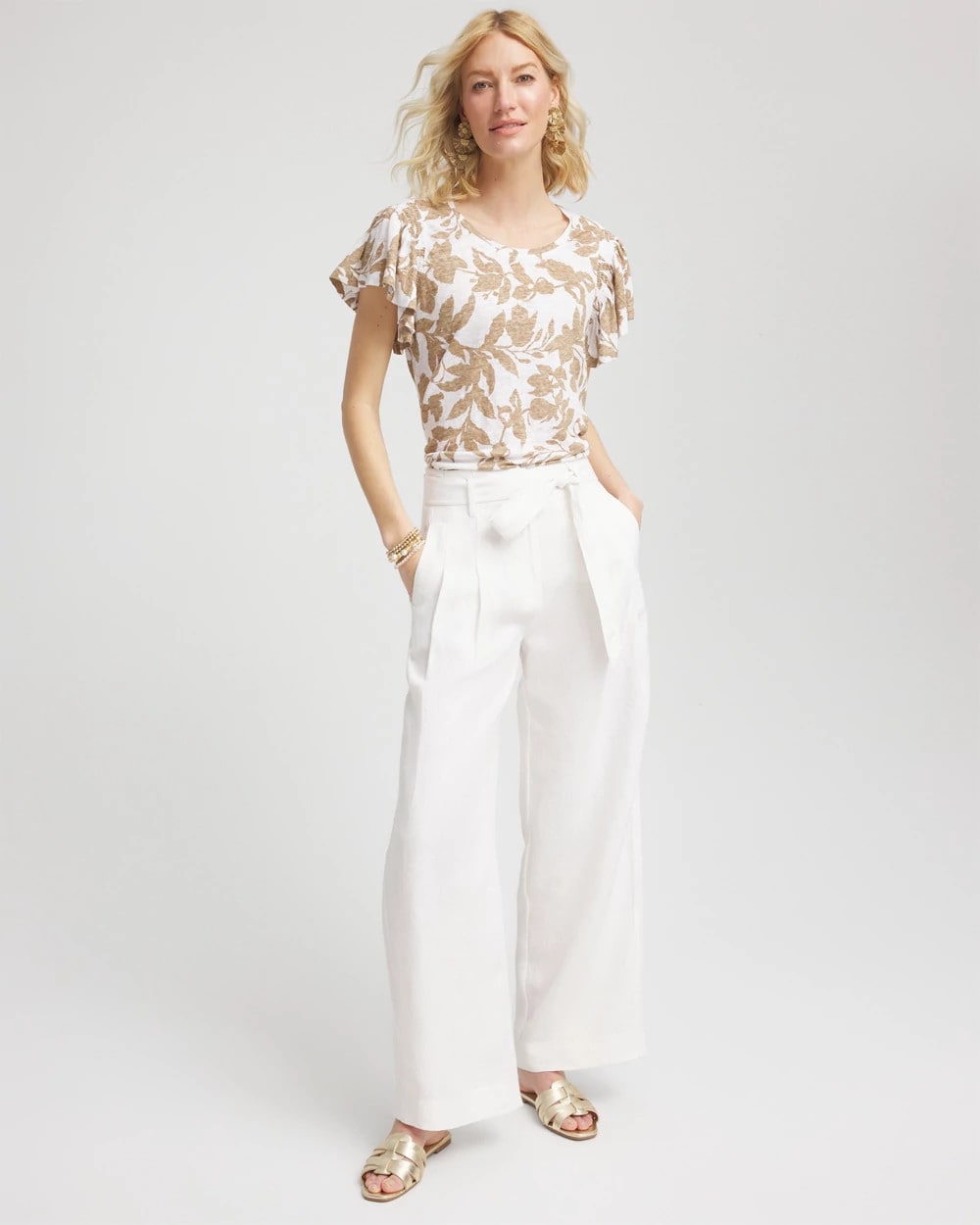 Chico's Latest - Linen Leaf Print Flutter Sleeve Tee Cafe Aroma