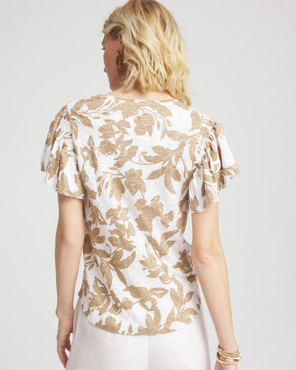 Chico's Latest - Linen Leaf Print Flutter Sleeve Tee Cafe Aroma