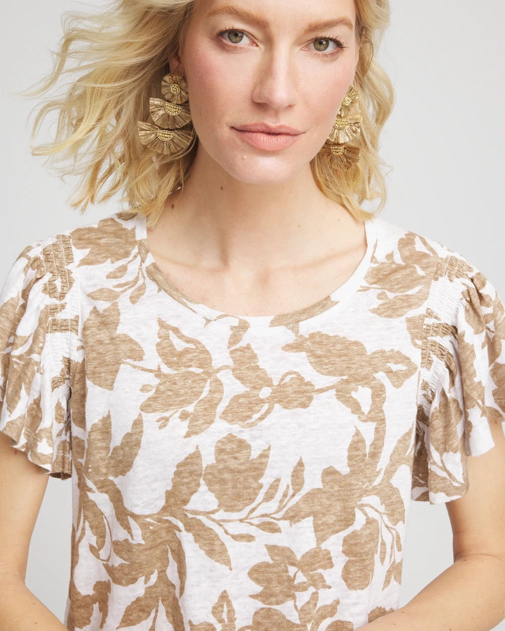 Chico's Latest - Linen Leaf Print Flutter Sleeve Tee Cafe Aroma