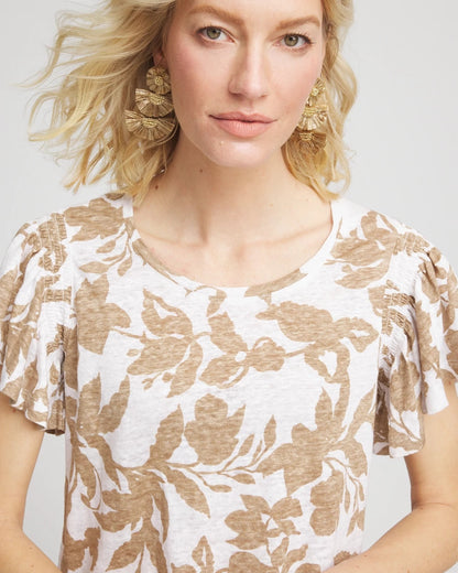 Chico's Latest - Linen Leaf Print Flutter Sleeve Tee Cafe Aroma