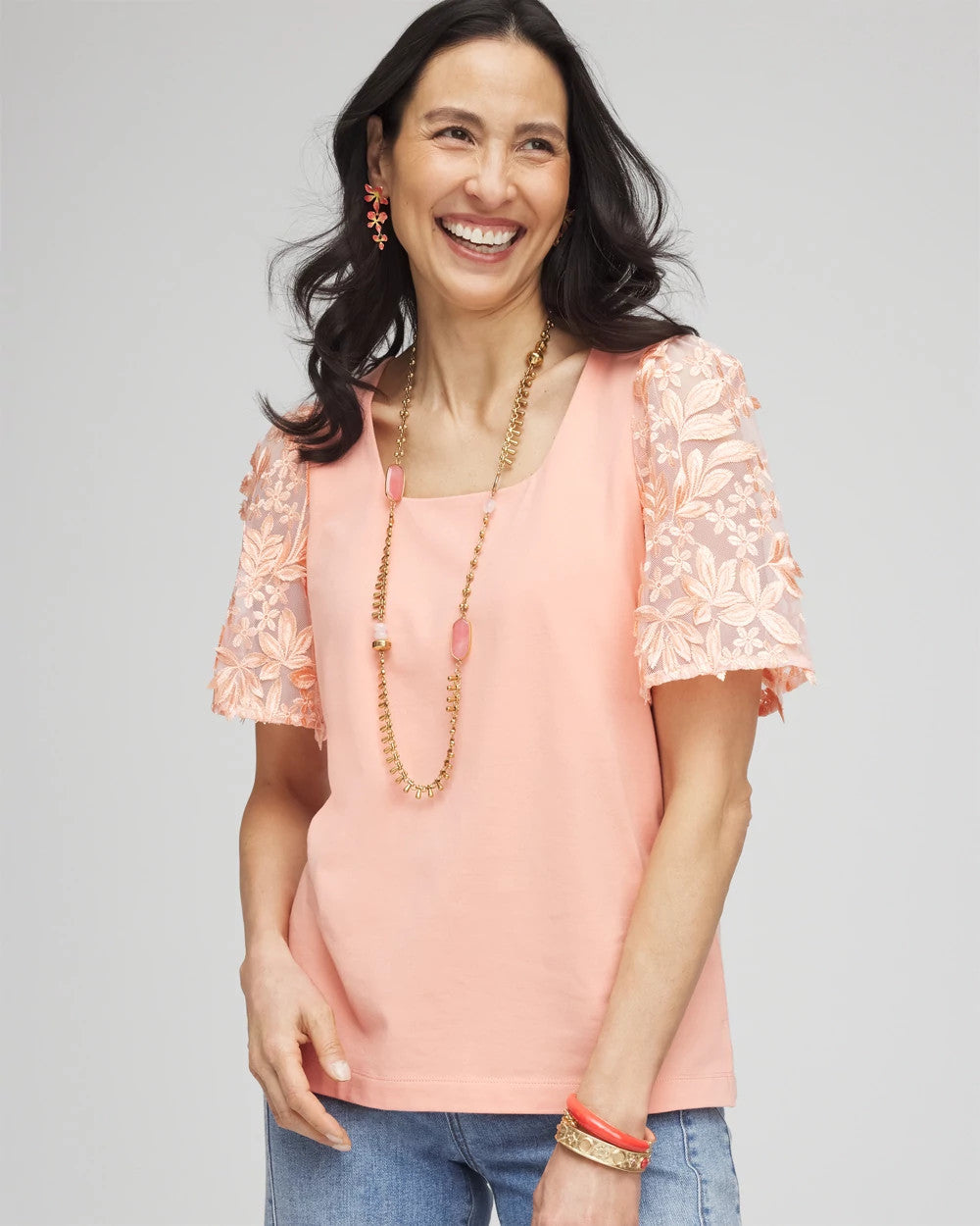 Chico's Special Offer - Floral Sleeved Square-Neck Tee Coral Blossom