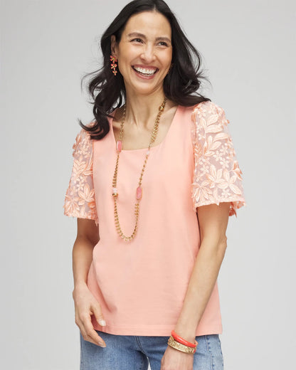 Chico's Special Offer - Floral Sleeved Square-Neck Tee Coral Blossom