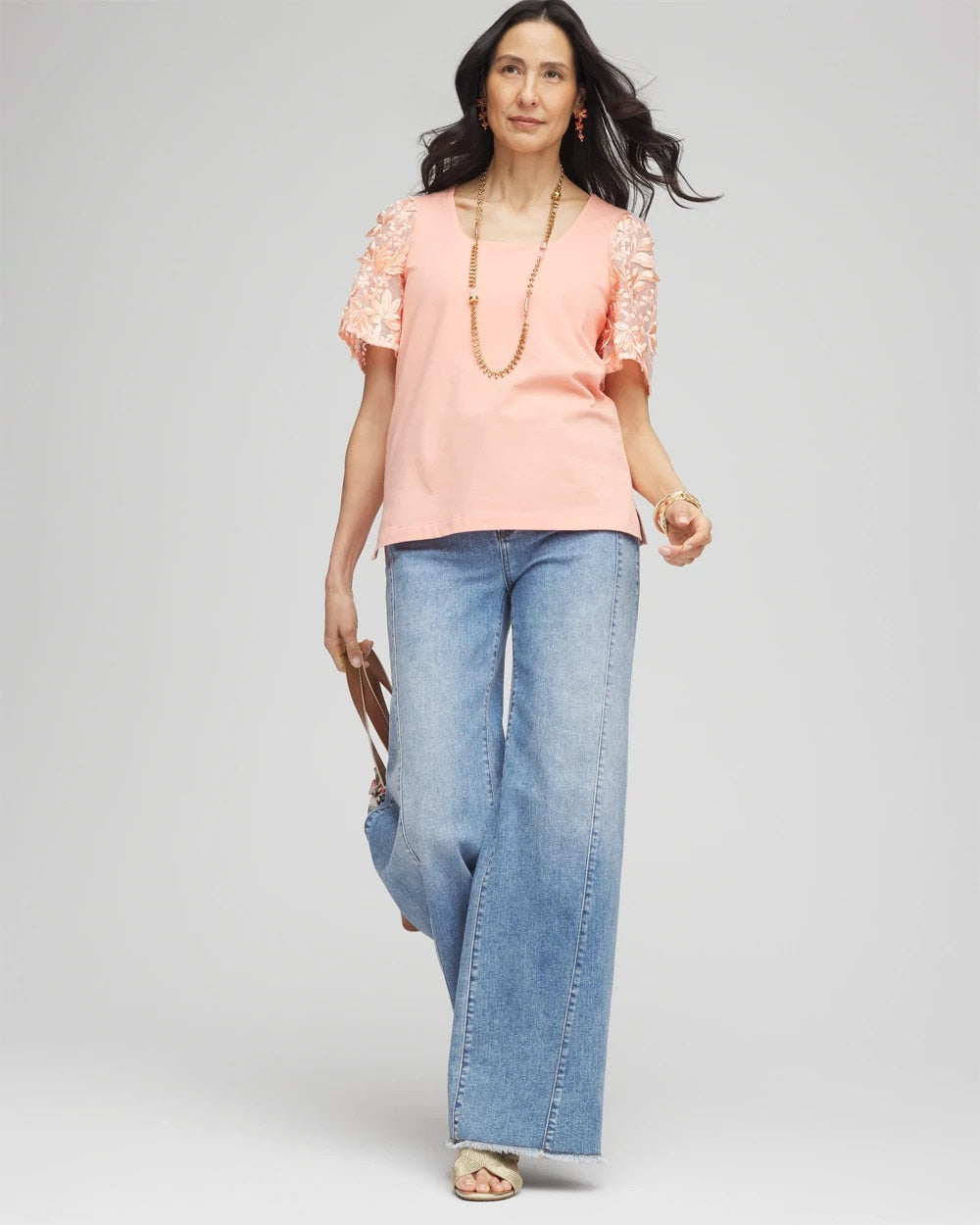Chico's Special Offer - Floral Sleeved Square-Neck Tee Coral Blossom