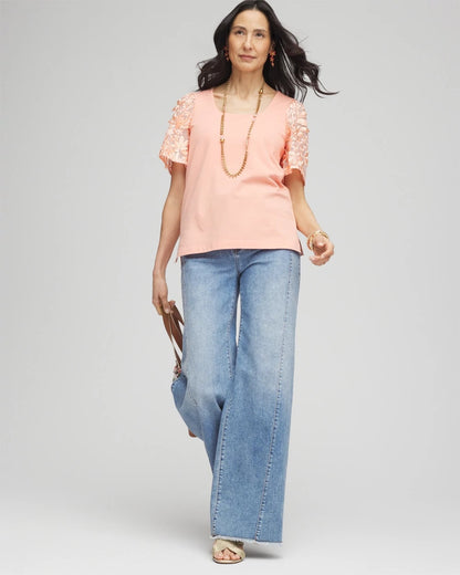 Chico's Special Offer - Floral Sleeved Square-Neck Tee Coral Blossom