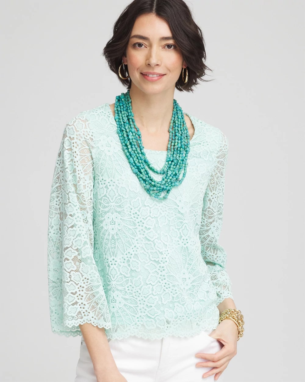 Chico's Premium - Scalloped Hem Lace Top Teal Waters