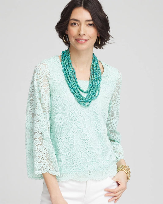 Chico's Premium - Scalloped Hem Lace Top Teal Waters