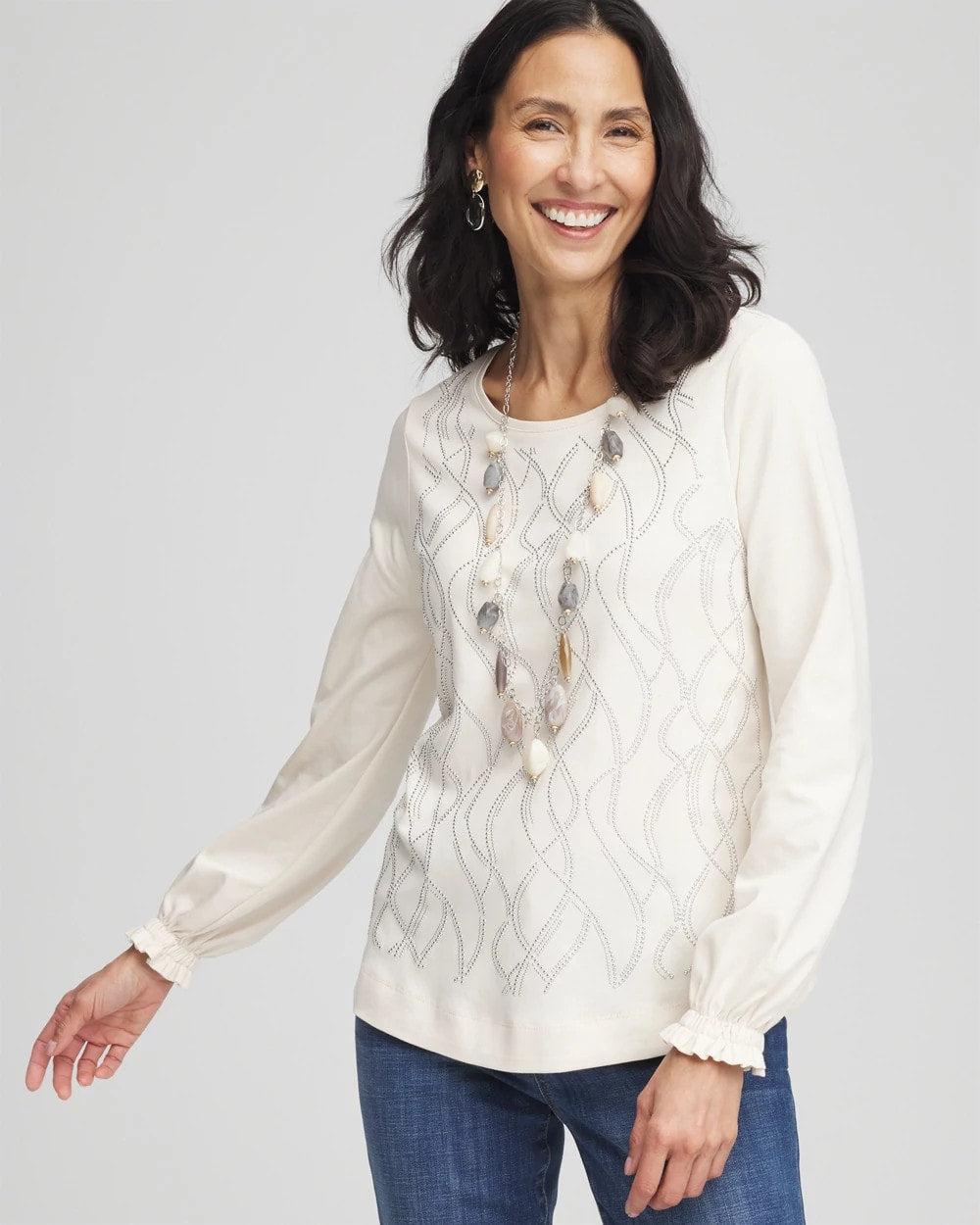Chico's Sale - Embellished Long-sleeve Top English Cream