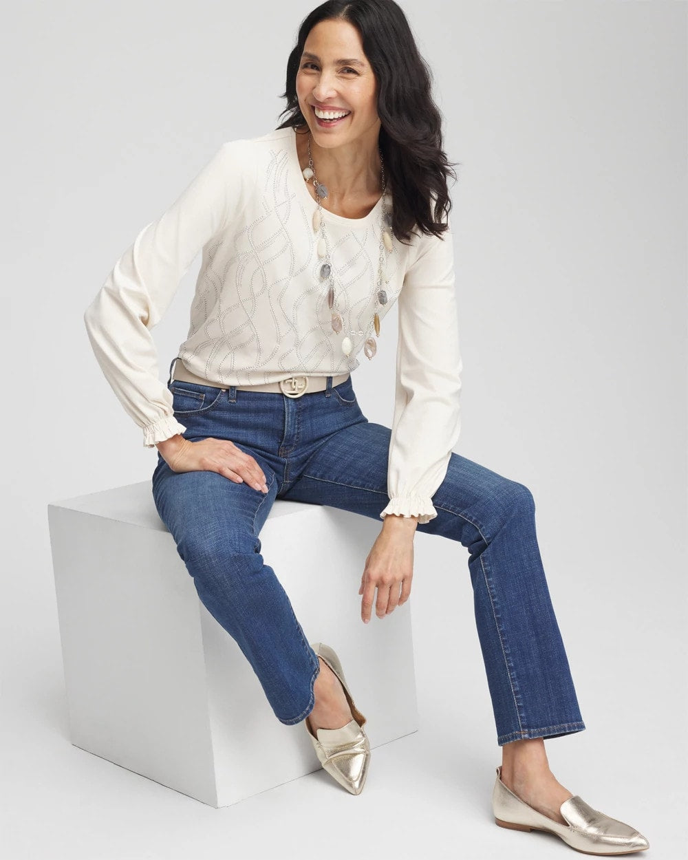 Chico's Sale - Embellished Long-sleeve Top English Cream