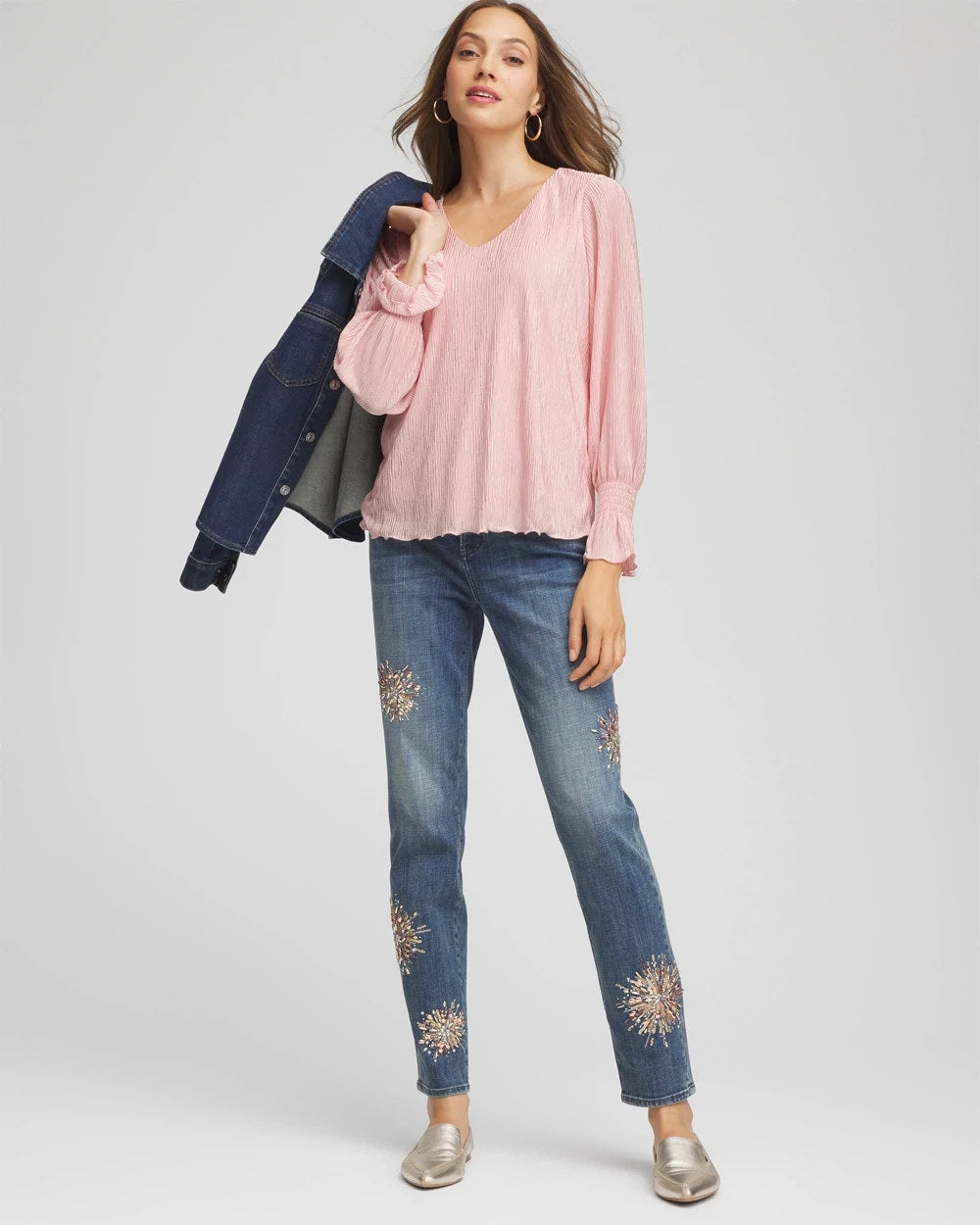 Chico's Great Value - Crinkle Bodre Voop Neck Top Blushed