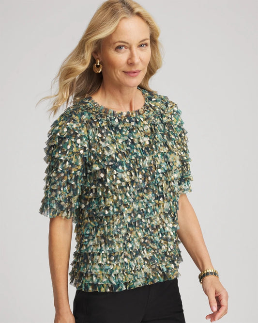 Chico's Featured - Foiled Mesh Ruffle Crop Tee Darkest Spruce