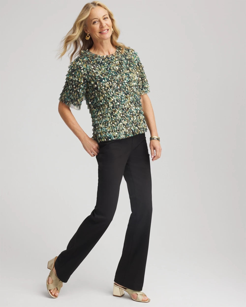 Chico's Featured - Foiled Mesh Ruffle Crop Tee Darkest Spruce