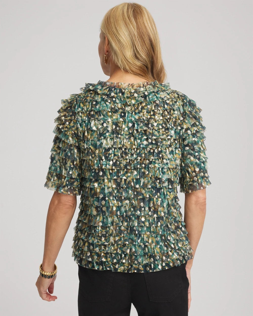 Chico's Featured - Foiled Mesh Ruffle Crop Tee Darkest Spruce