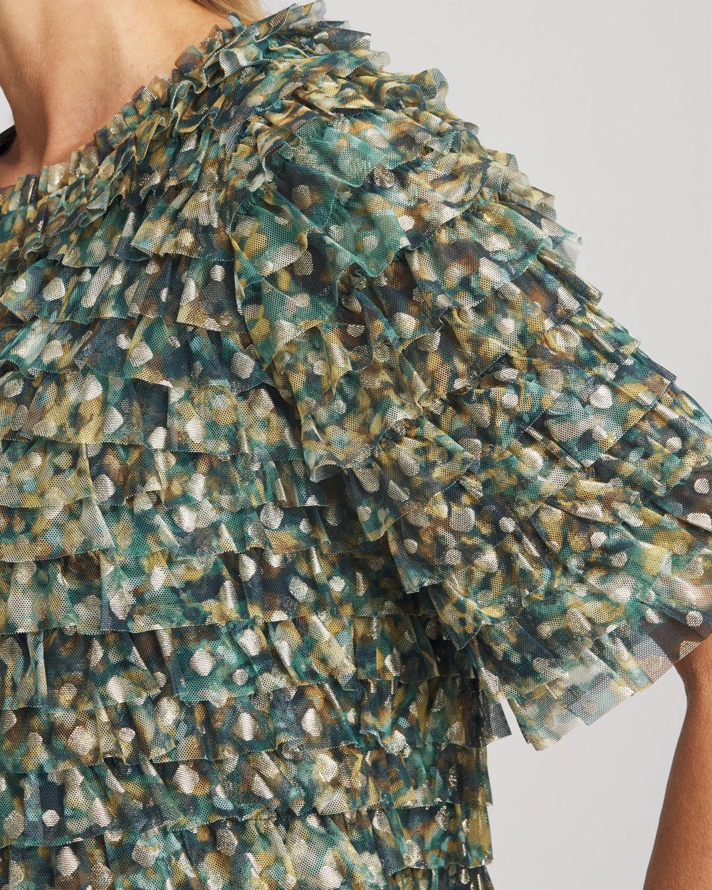 Chico's Featured - Foiled Mesh Ruffle Crop Tee Darkest Spruce
