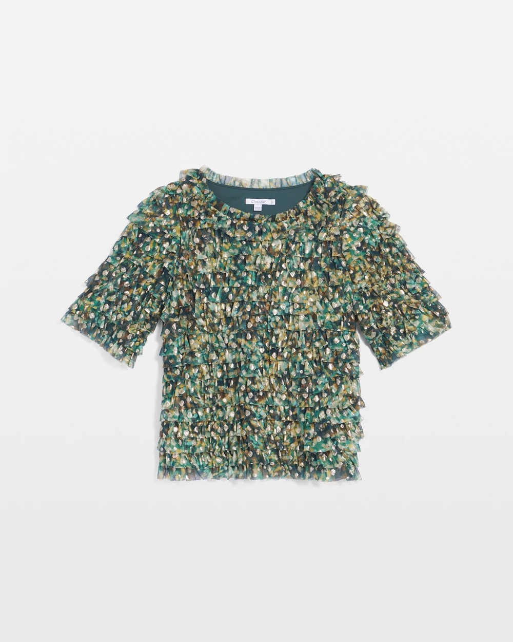 Chico's Featured - Foiled Mesh Ruffle Crop Tee Darkest Spruce