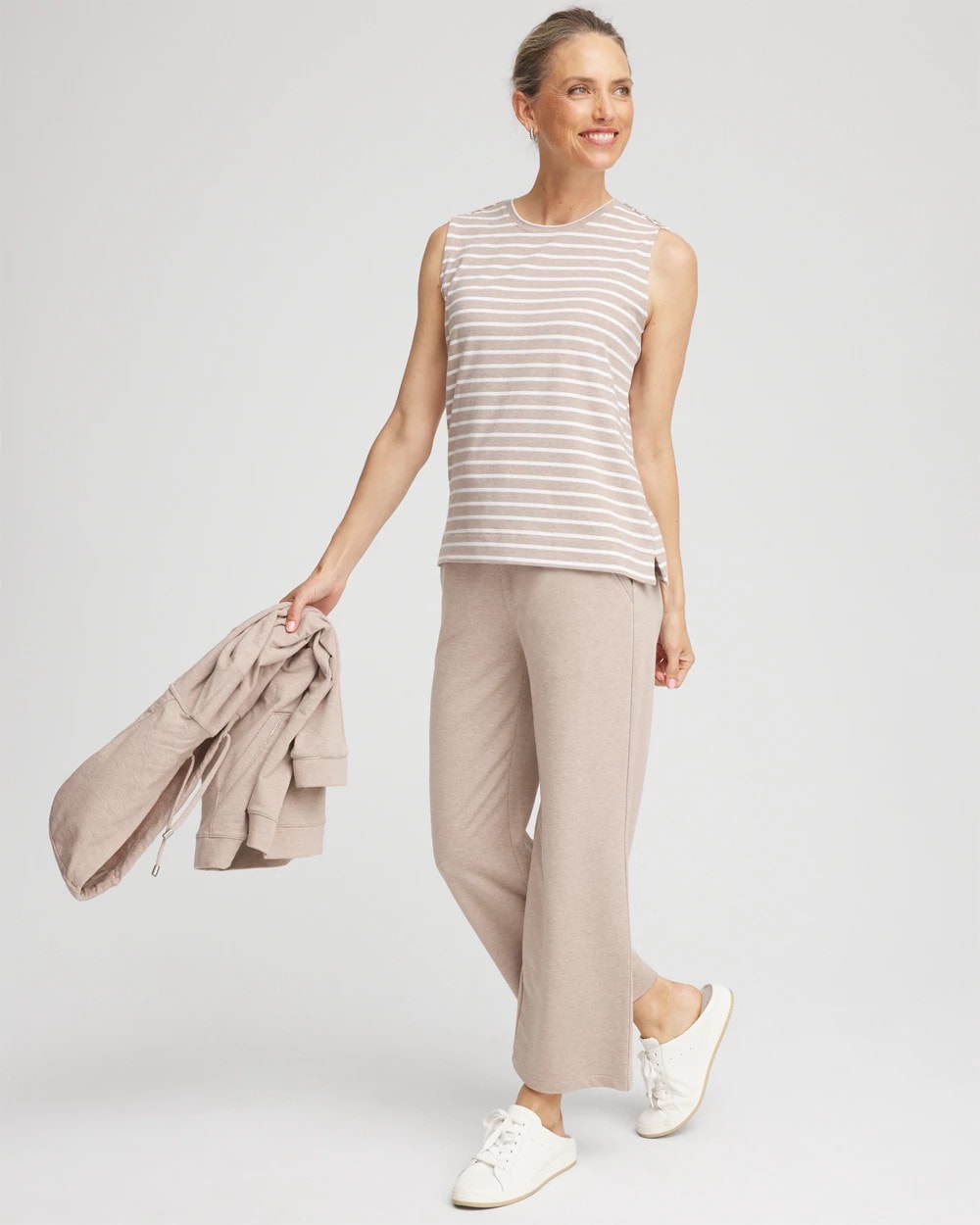 Chico's Exclusive - Zenergy® UPF Sleeveless Metallic-Striped Tank Light Taupe Heather
