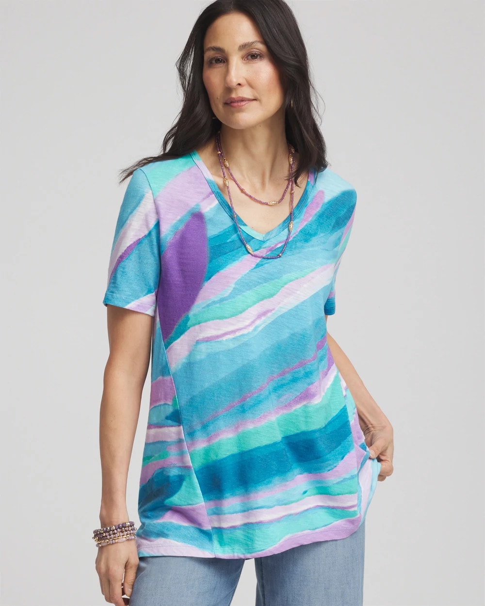 Chico's Best Price - Sea Print Short Sleeve Forward-Seam Tee Paradiso Blue