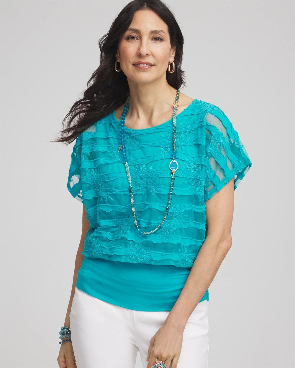 Chico's Everyday - Embroidered Striped Banded Bottom Top Seaspray