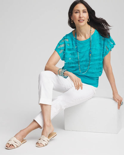 Chico's Everyday - Embroidered Striped Banded Bottom Top Seaspray