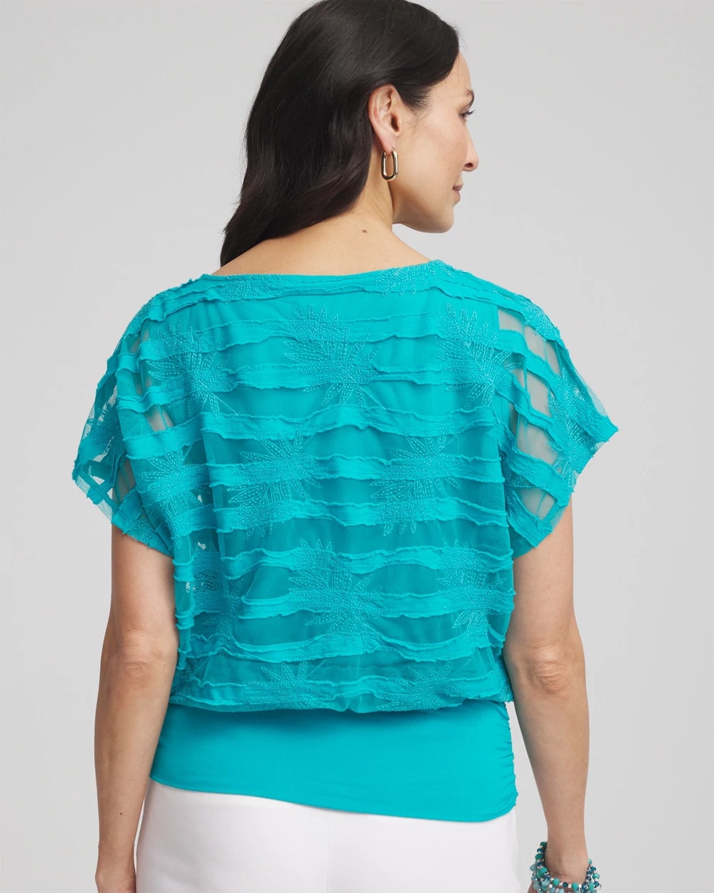 Chico's Everyday - Embroidered Striped Banded Bottom Top Seaspray