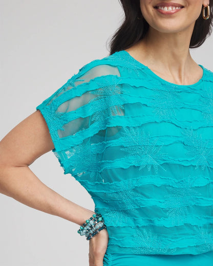 Chico's Everyday - Embroidered Striped Banded Bottom Top Seaspray