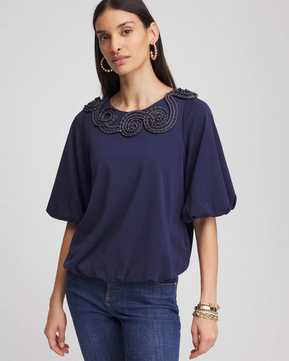 Chico's Deals - Bubble Hem Pleated Cotton Top Passport Blue