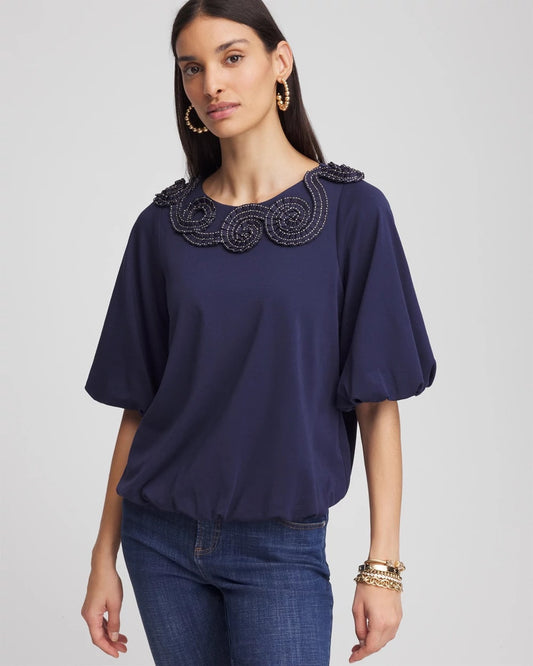 Chico's Deals - Bubble Hem Pleated Cotton Top Passport Blue
