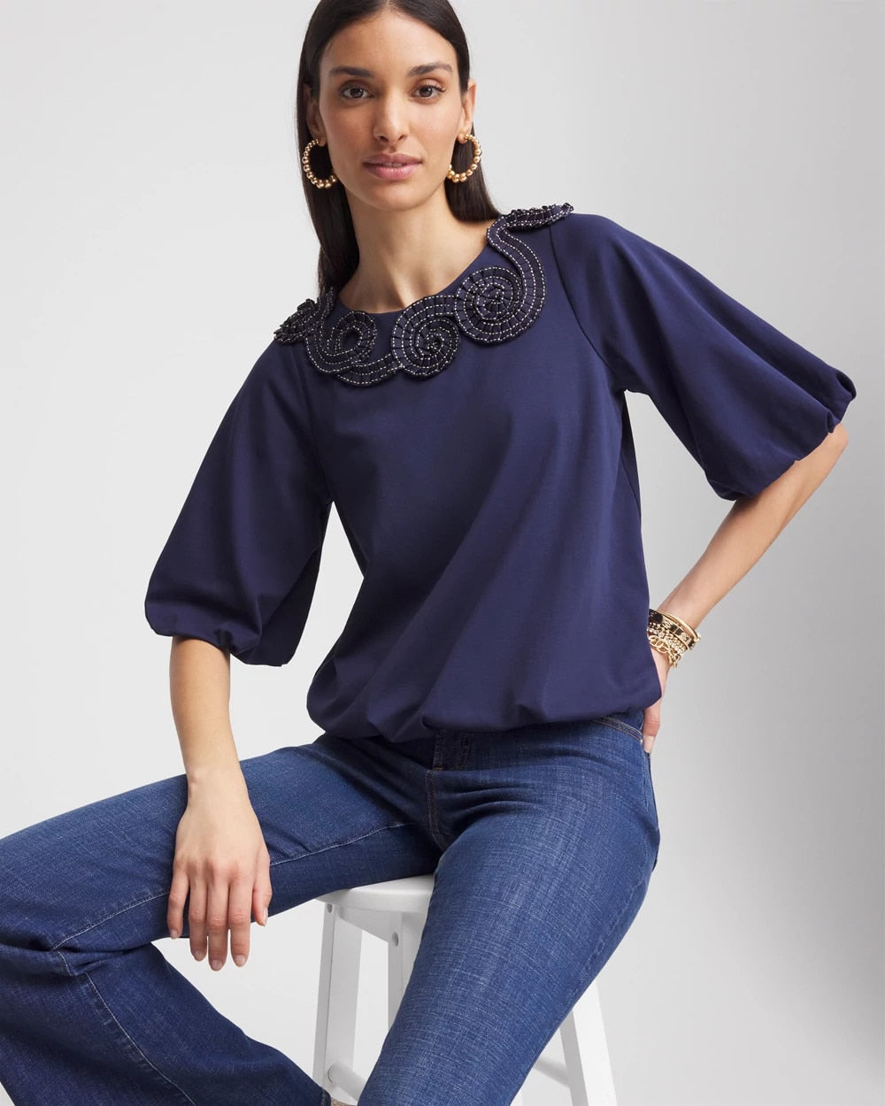 Chico's Deals - Bubble Hem Pleated Cotton Top Passport Blue