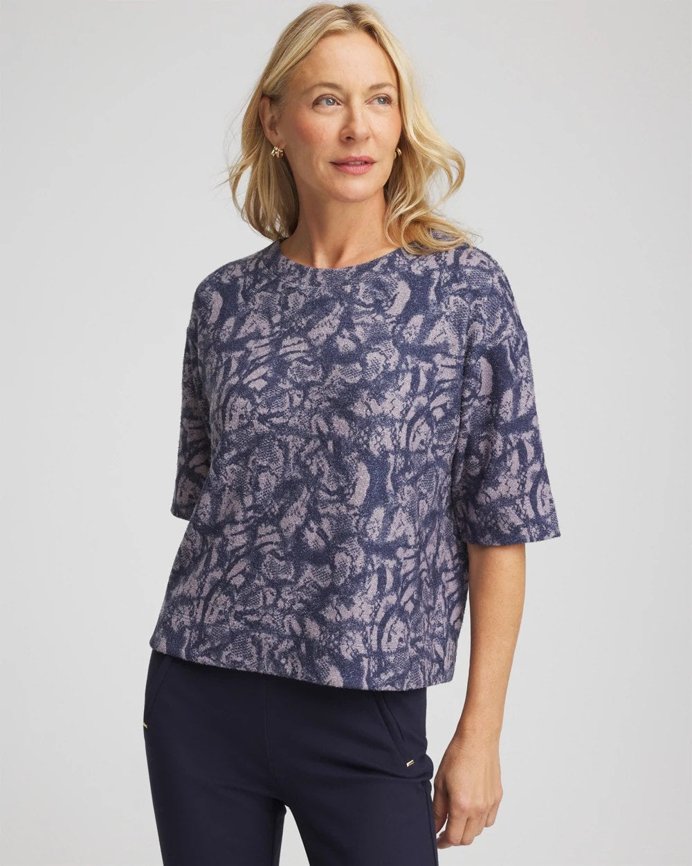 Chico's Classic - Animal Cozy Crewneck Tee Indigo Sky