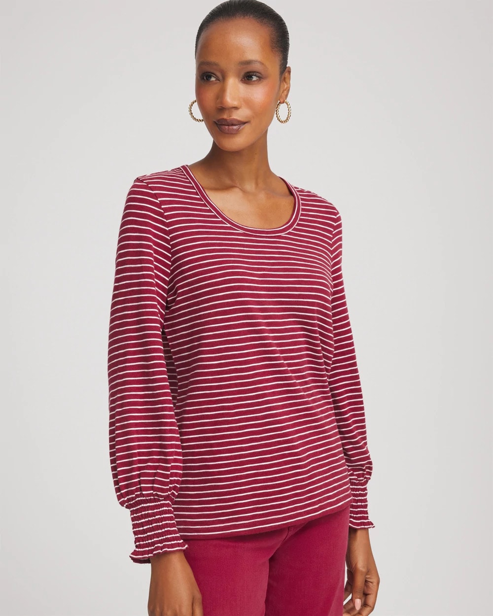 Chico's Quality - Smocked-Sleeve Cotton-Slub Tee Russet Red
