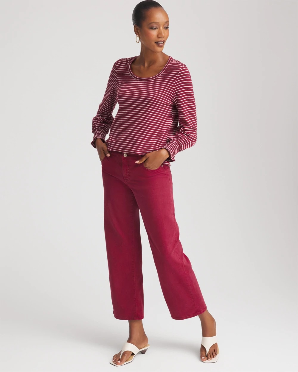 Chico's Quality - Smocked-Sleeve Cotton-Slub Tee Russet Red