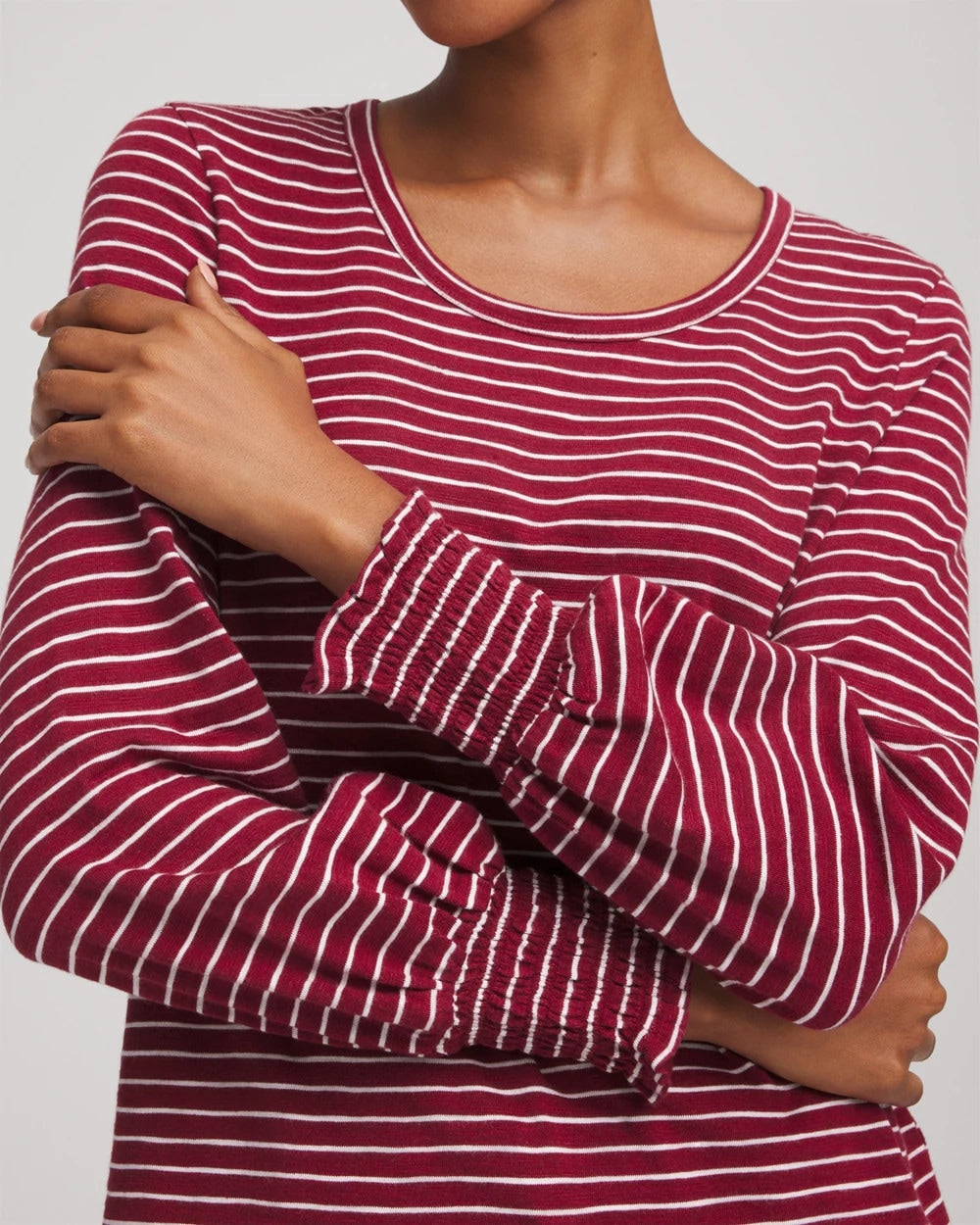 Chico's Quality - Smocked-Sleeve Cotton-Slub Tee Russet Red