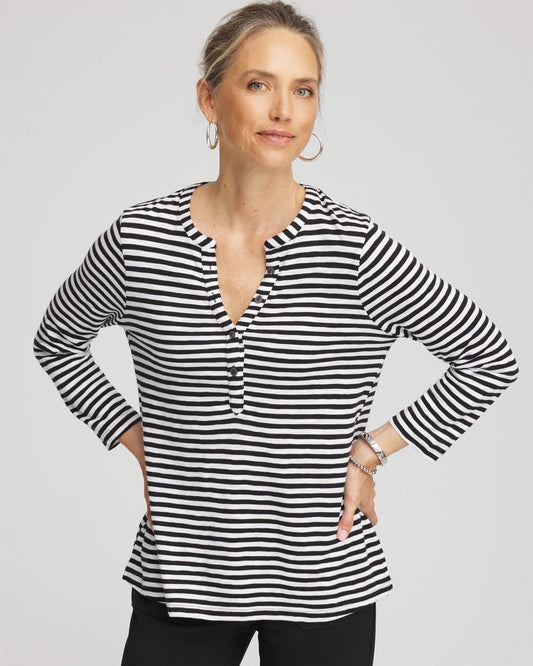 Chico's Deals - Striped Slub Splitneck Henley Tee Black